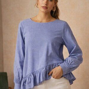 Anthropologie Maeve Ramona Gingham Ruffle Blouse Blue Asymmetrical Cotton Size M